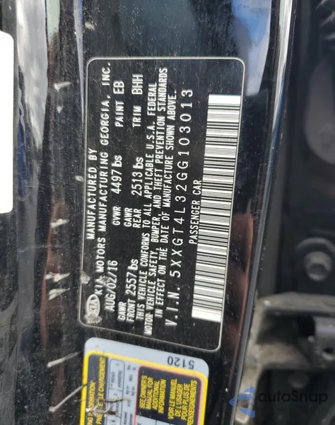 2016 Kia Optima Lx z USA, uszkodzony, nr VIN 5XXGT4L32GG103013